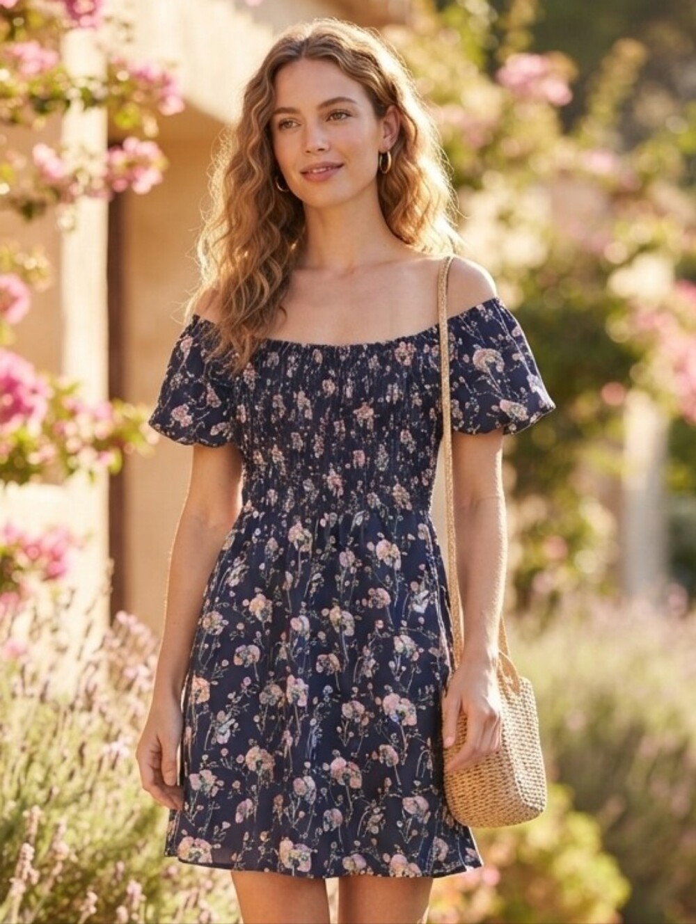 Everly Navy Floral Off Shoulder Smocked Mini Dress Women's Size Small Summer Boh